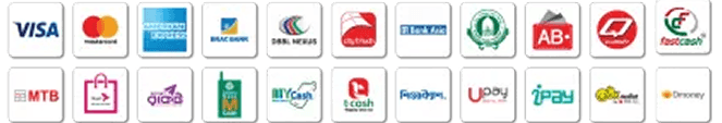 Payment Methods: Visa, Mastercard, Amex, Bkash, Nagad, Rocket, etc.